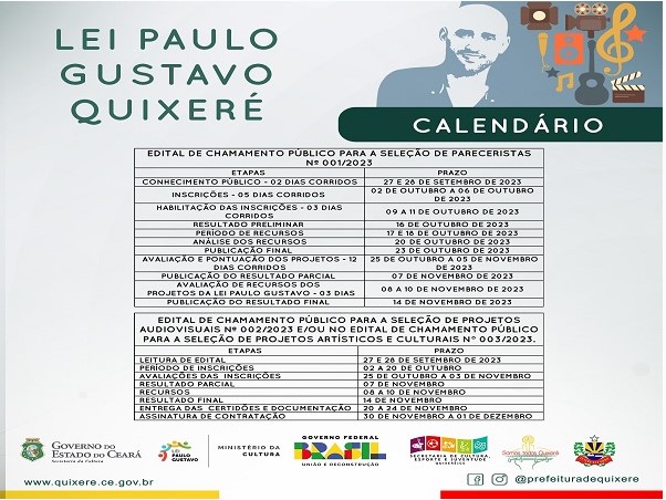 Calendário referente à Lei Paulo Gustavo em Quixeré
