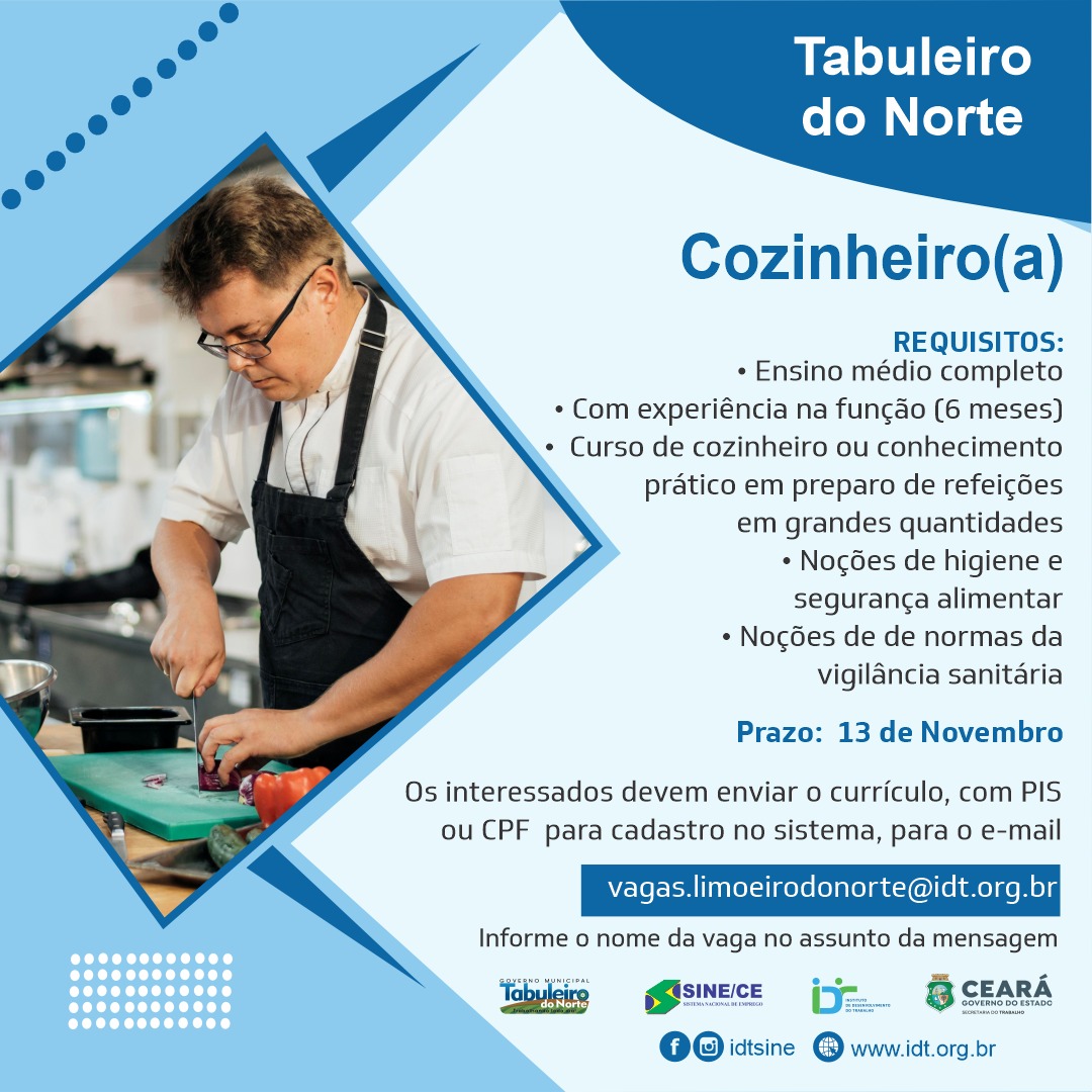 Oportunidades de Emprego - Unidade SESC Tabuleiro do Norte: COZINHEIRO(A)