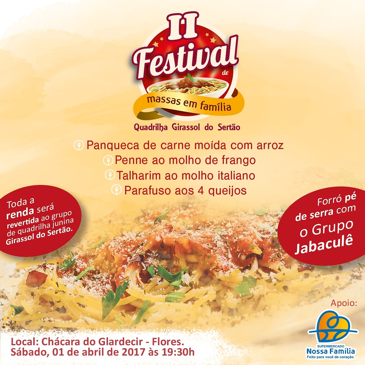 Vem aí o II Festival de Massas em Família da Quadrilha Girassol do Sertão.